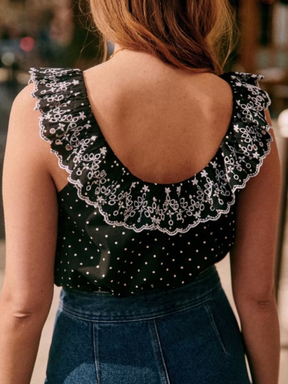 NWT Sezane Rosa Blouse in Black Polka Dots Ecru Sleeveless Embroidered Size 2 - Picture 2 of 5